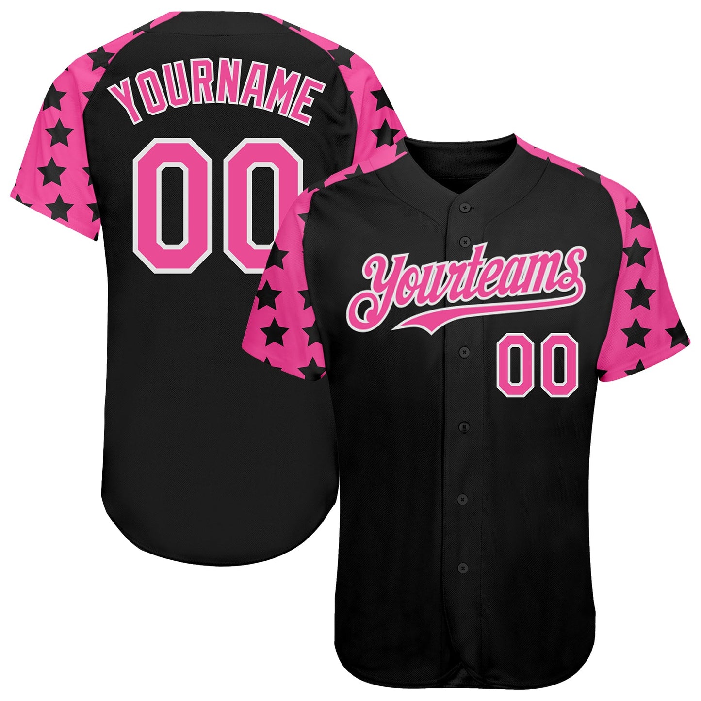 Custom Black Pink-White Star Raglan Sleeves Authentic Baseball Jersey