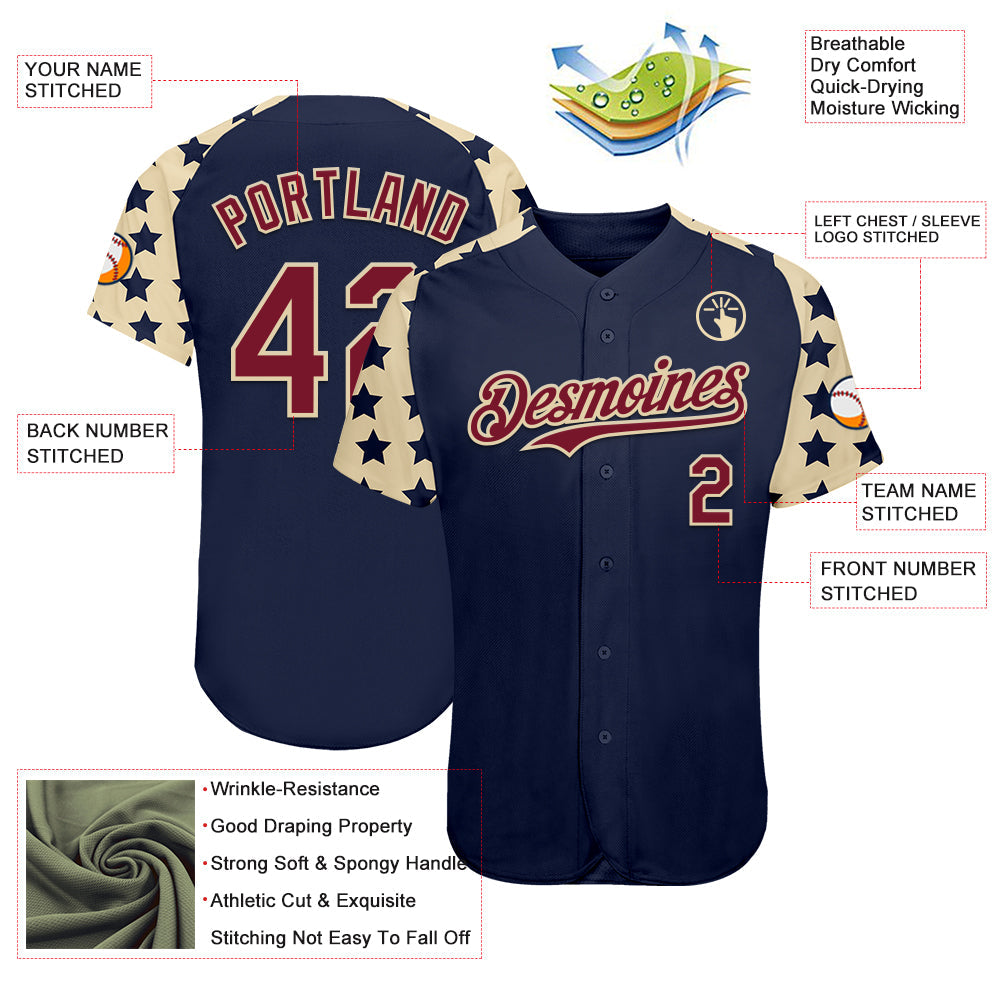 Custom Navy Crimson-Cream Star Raglan Sleeves Authentic Baseball Jersey