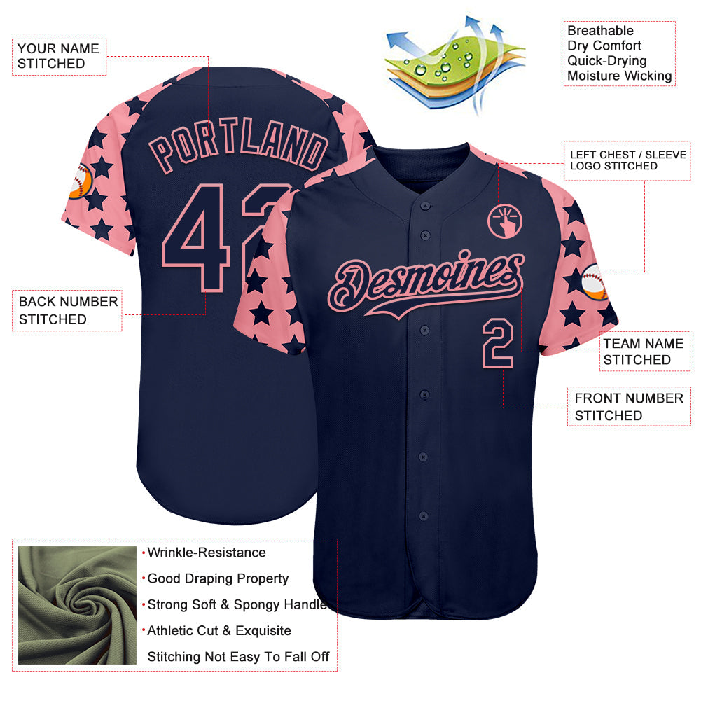 Custom Navy Medium Pink Star Raglan Sleeves Authentic Baseball Jersey