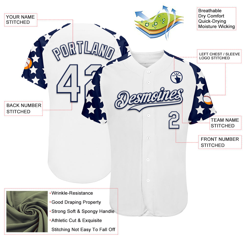 Custom White Navy Star Raglan Sleeves Authentic Baseball Jersey