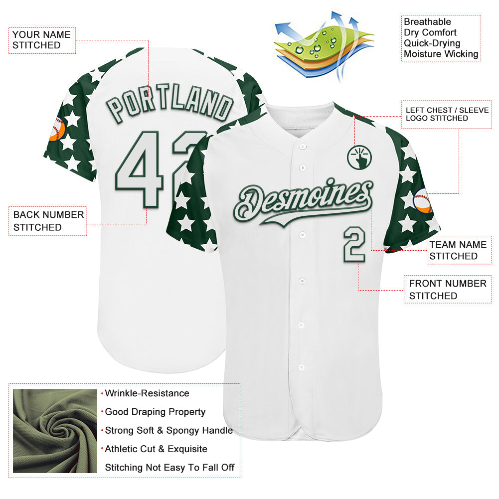 Custom White Green Star Raglan Sleeves Authentic Baseball Jersey