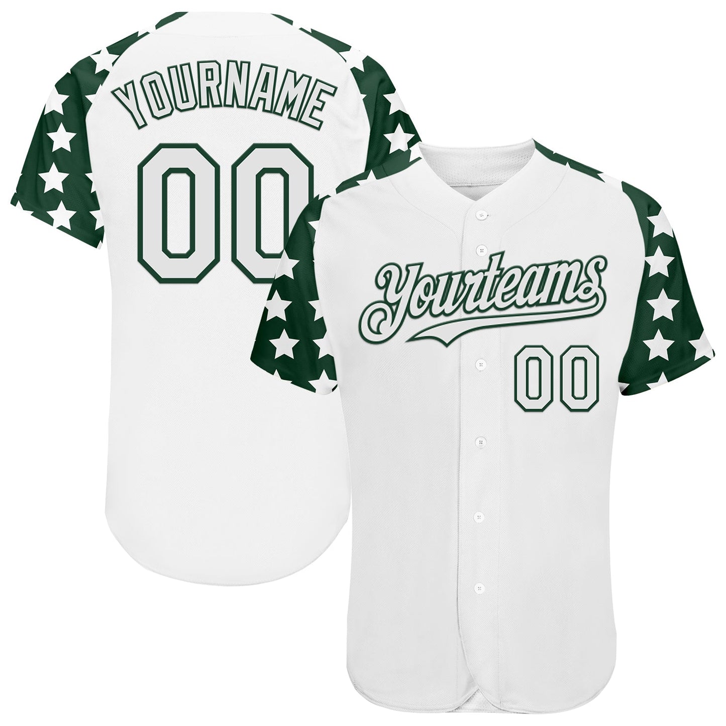 Custom White Green Star Raglan Sleeves Authentic Baseball Jersey