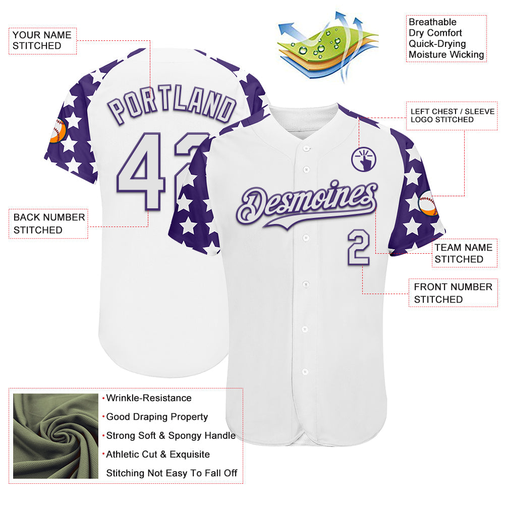 Custom White Purple Star Raglan Sleeves Authentic Baseball Jersey