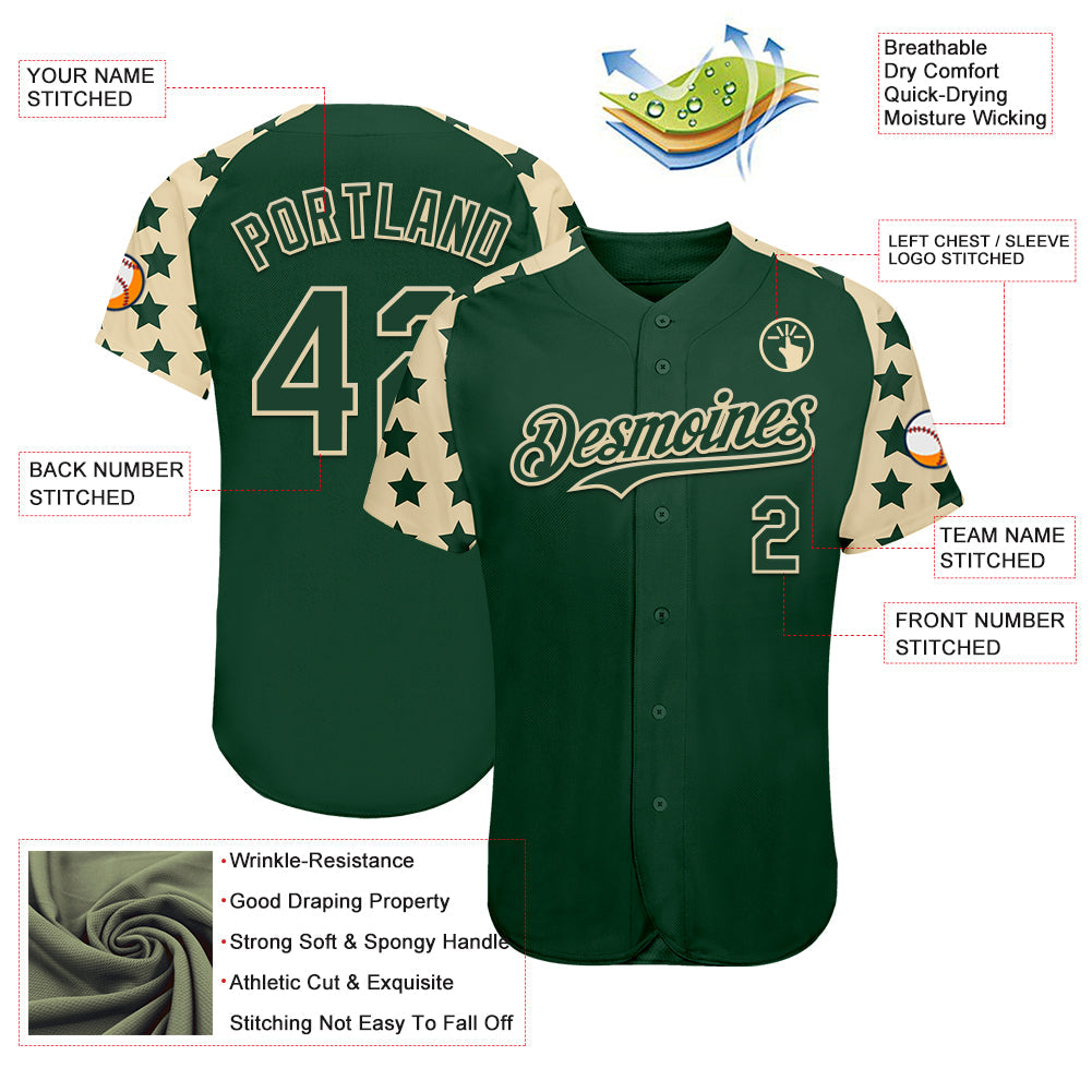 Custom Green Cream Star Raglan Sleeves Authentic Baseball Jersey