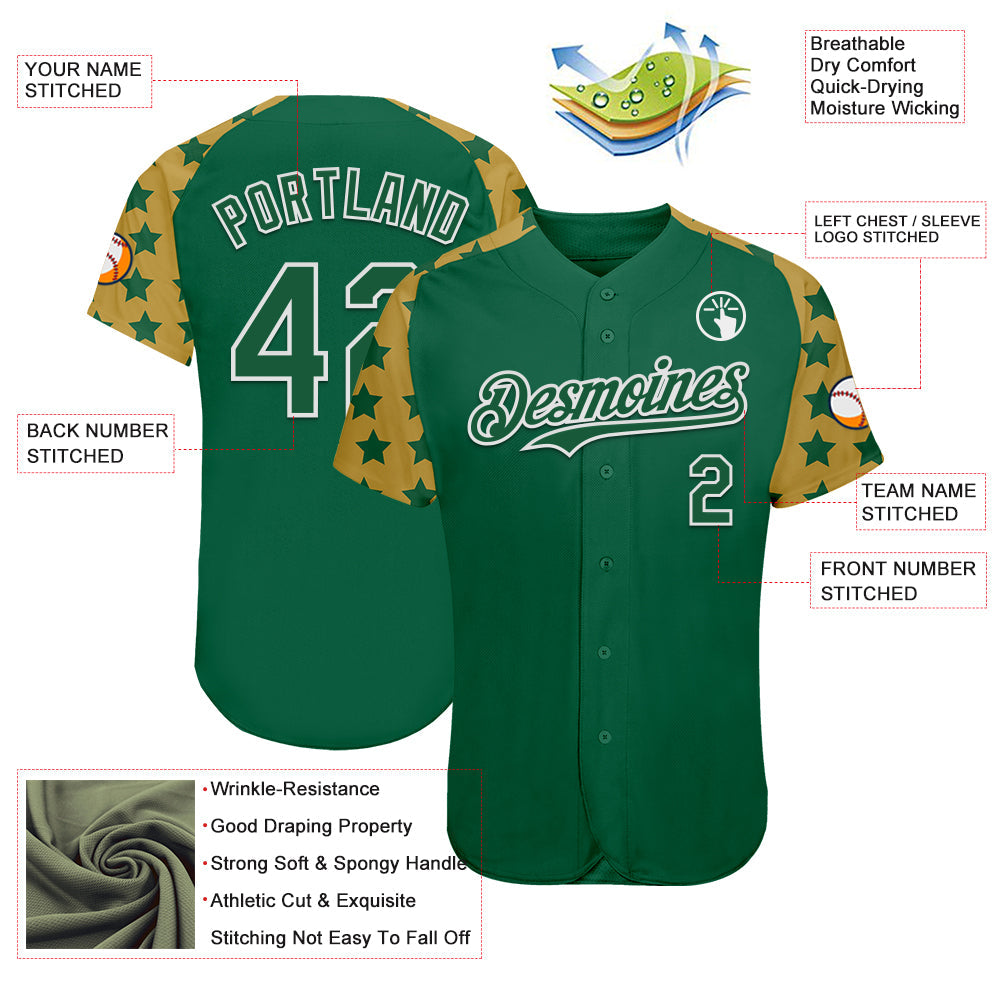 Custom Green White-Old Gold Star Raglan Sleeves Authentic Baseball Jersey