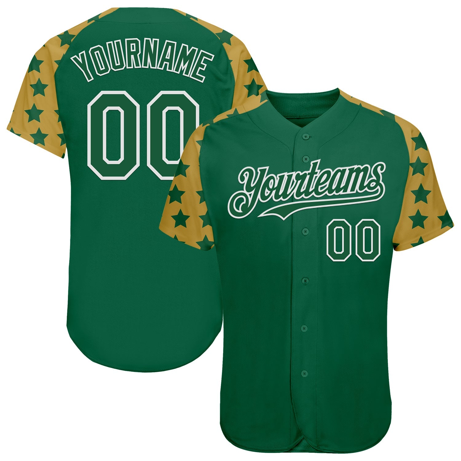 Custom Green White-Old Gold Star Raglan Sleeves Authentic Baseball Jersey