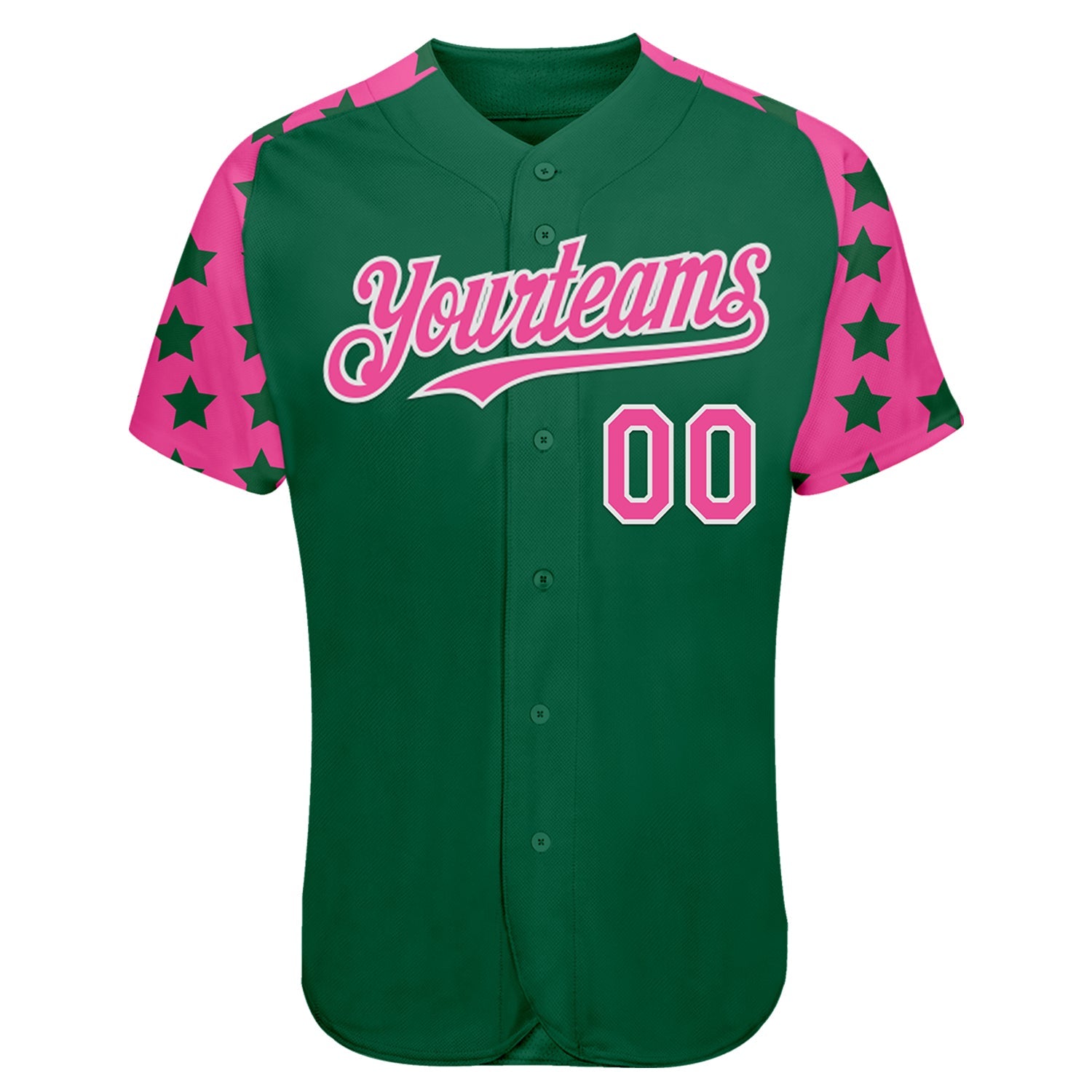Custom Green Pink-White Star Raglan Sleeves Authentic Baseball Jersey