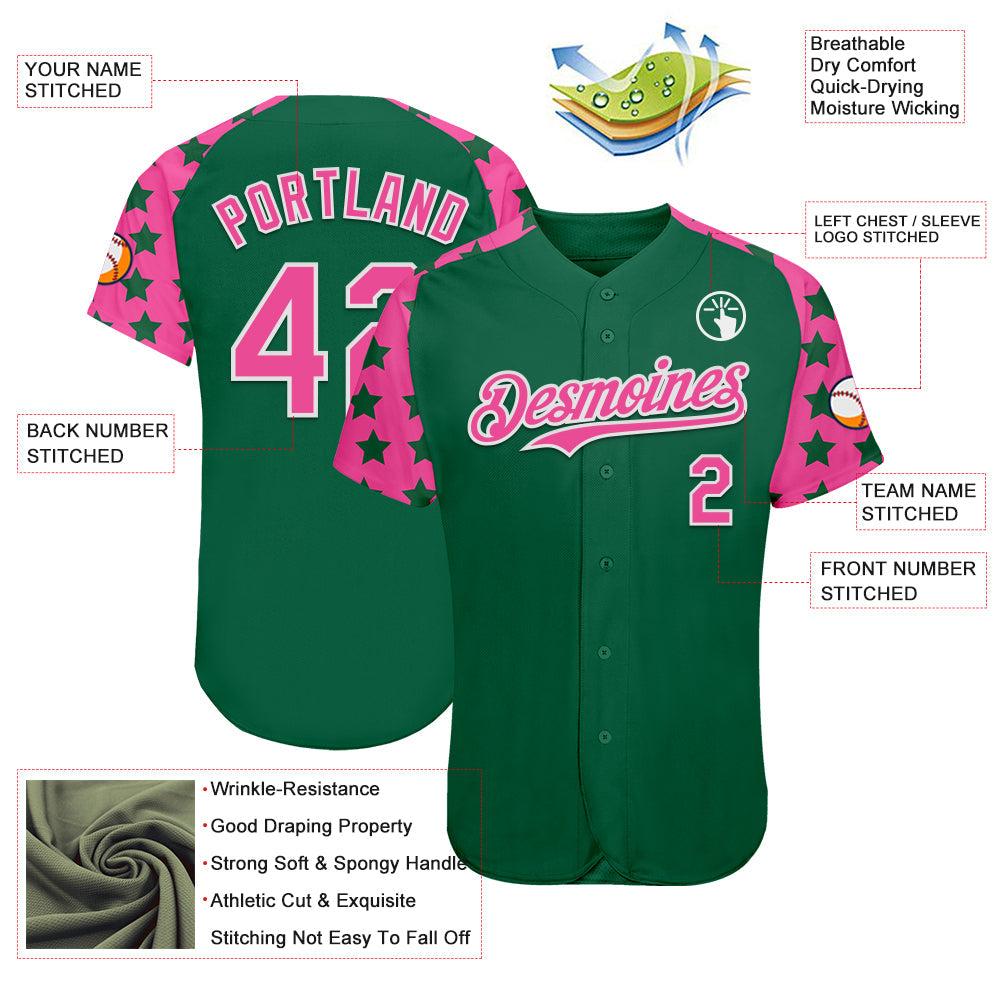 Custom Green Pink-White Star Raglan Sleeves Authentic Baseball Jersey