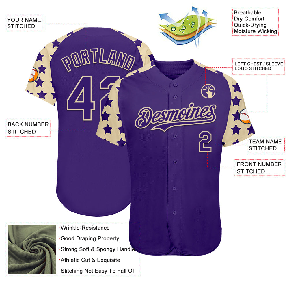 Custom Purple Cream Star Raglan Sleeves Authentic Baseball Jersey