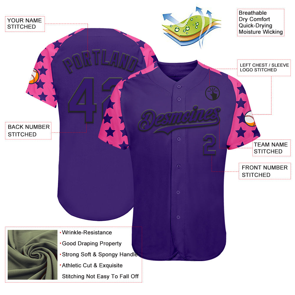 Custom Purple Black-Pink Star Raglan Sleeves Authentic Baseball Jersey