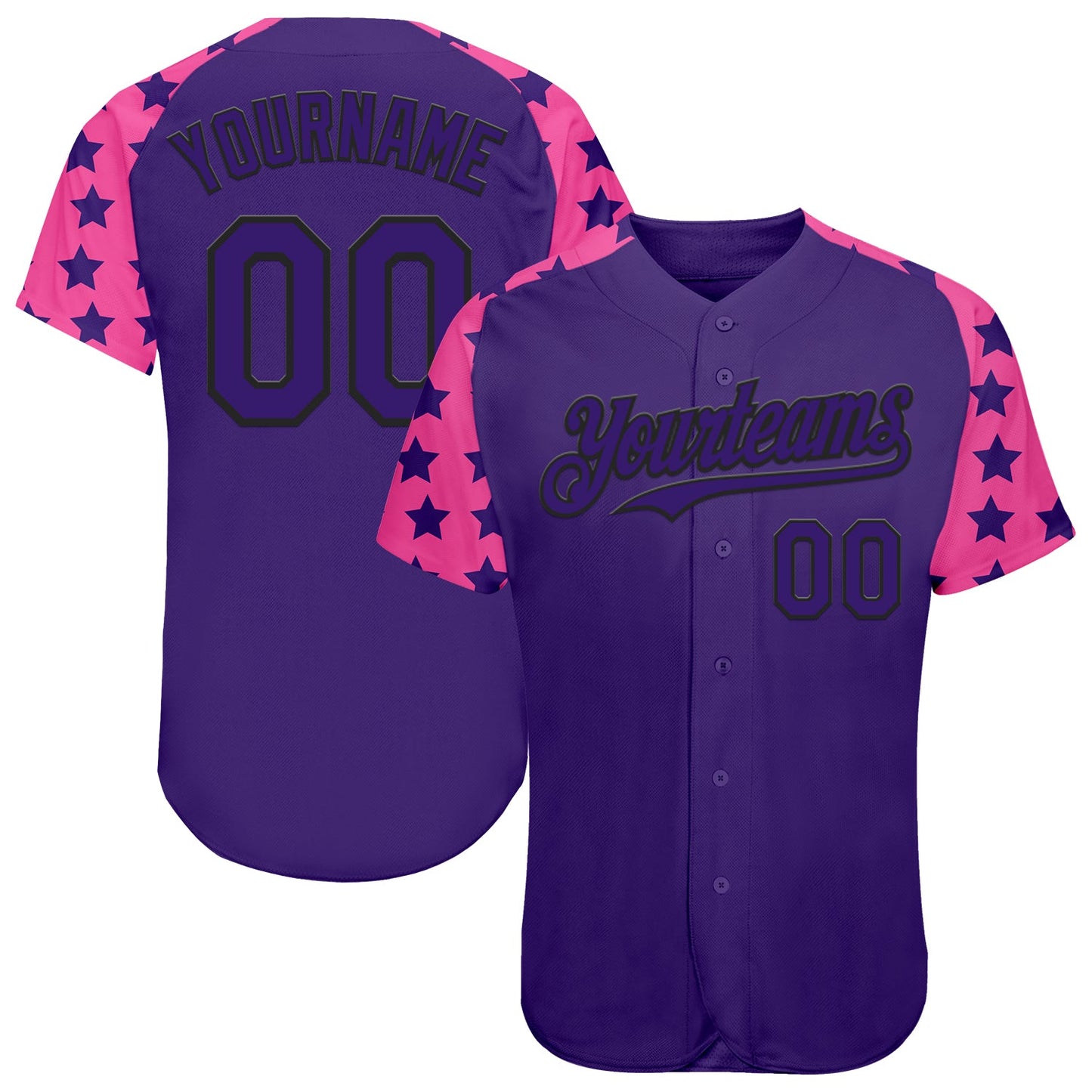 Custom Purple Black-Pink Star Raglan Sleeves Authentic Baseball Jersey