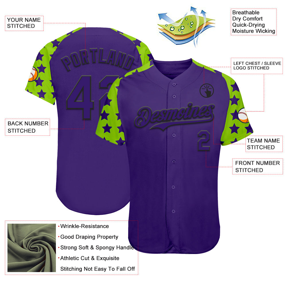 Custom Purple Black-Neon Green Star Raglan Sleeves Authentic Baseball Jersey