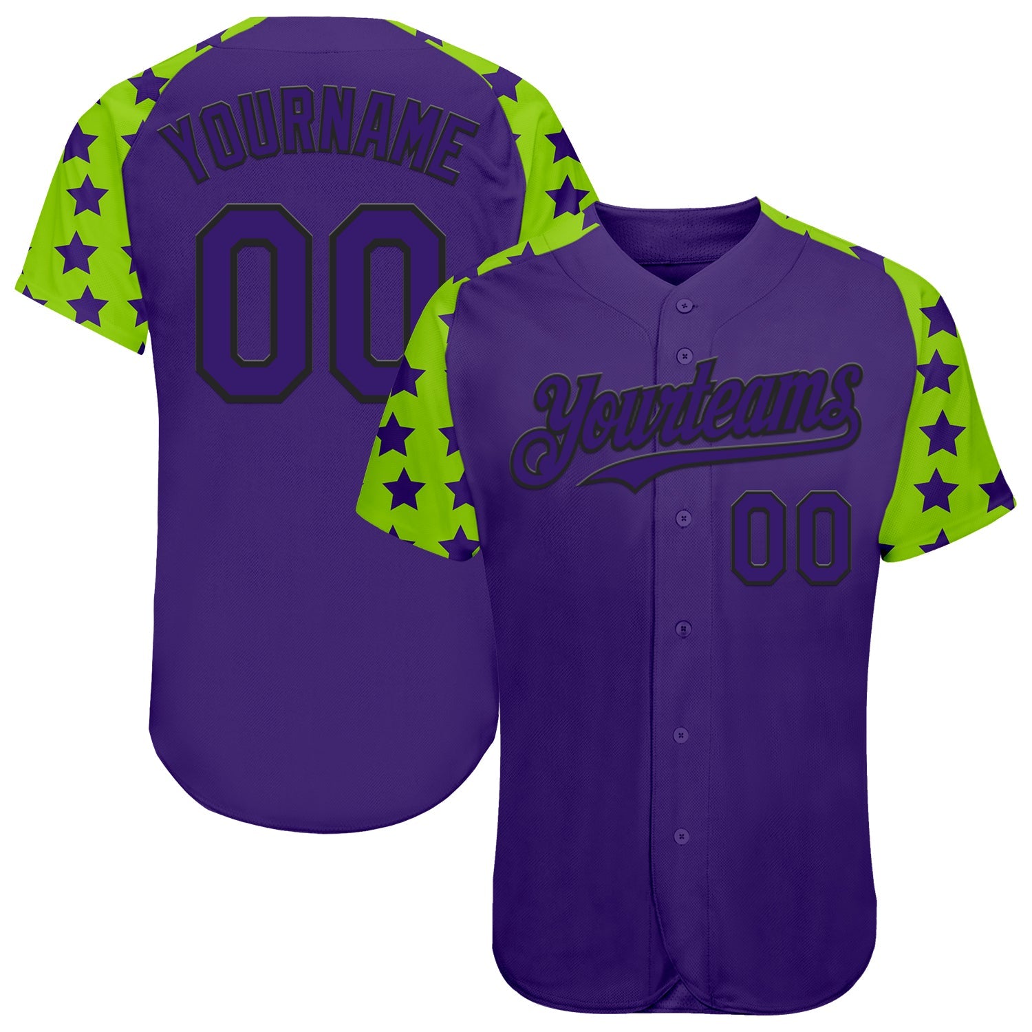 Custom Purple Black-Neon Green Star Raglan Sleeves Authentic Baseball Jersey