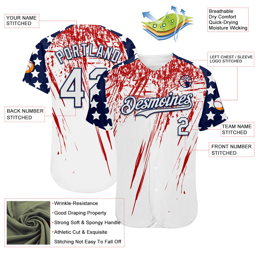 Custom White Navy-Red Splatter Brush Stroke Star Raglan Sleeves Authentic Baseball Jersey