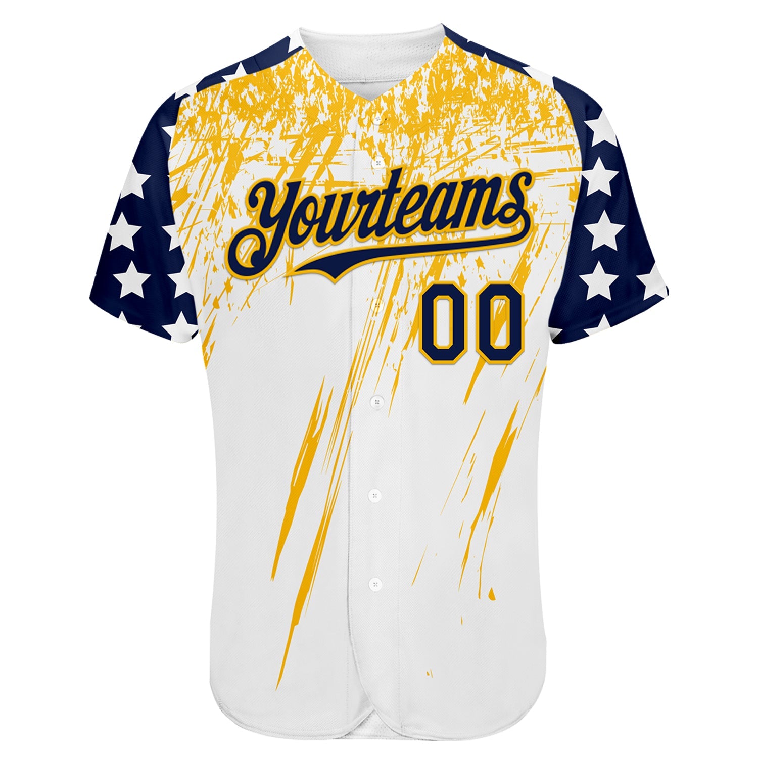 Custom White Navy-Gold Splatter Brush Stroke Star Raglan Sleeves Authentic Baseball Jersey