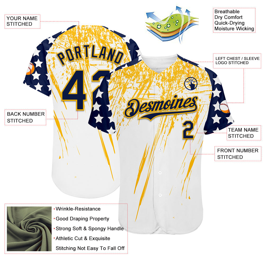 Custom White Navy-Gold Splatter Brush Stroke Star Raglan Sleeves Authentic Baseball Jersey