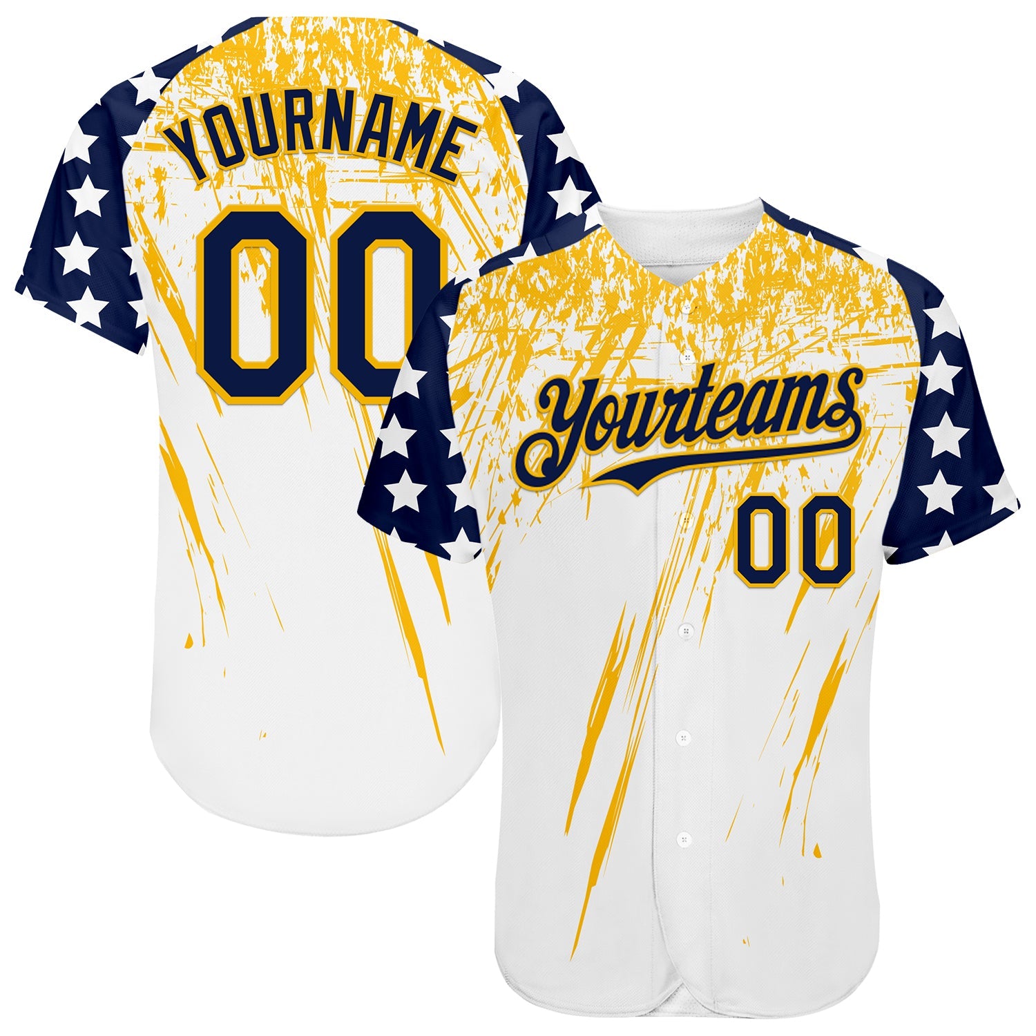 Custom White Navy-Gold Splatter Brush Stroke Star Raglan Sleeves Authentic Baseball Jersey