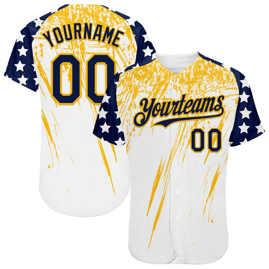 Custom White Navy-Gold Splatter Brush Stroke Star Raglan Sleeves Authentic Baseball Jersey