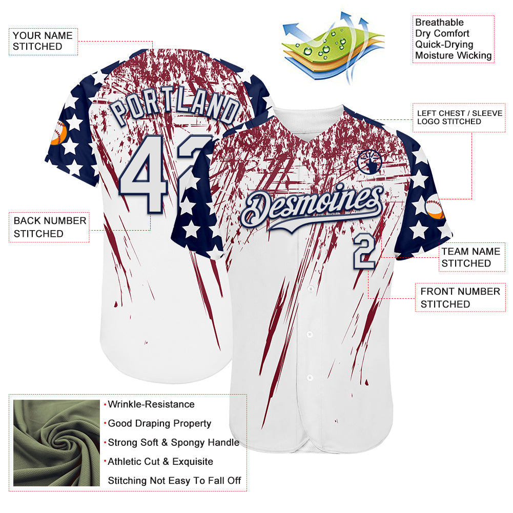 Custom White Navy-Crimson Splatter Brush Stroke Star Raglan Sleeves Authentic Baseball Jersey