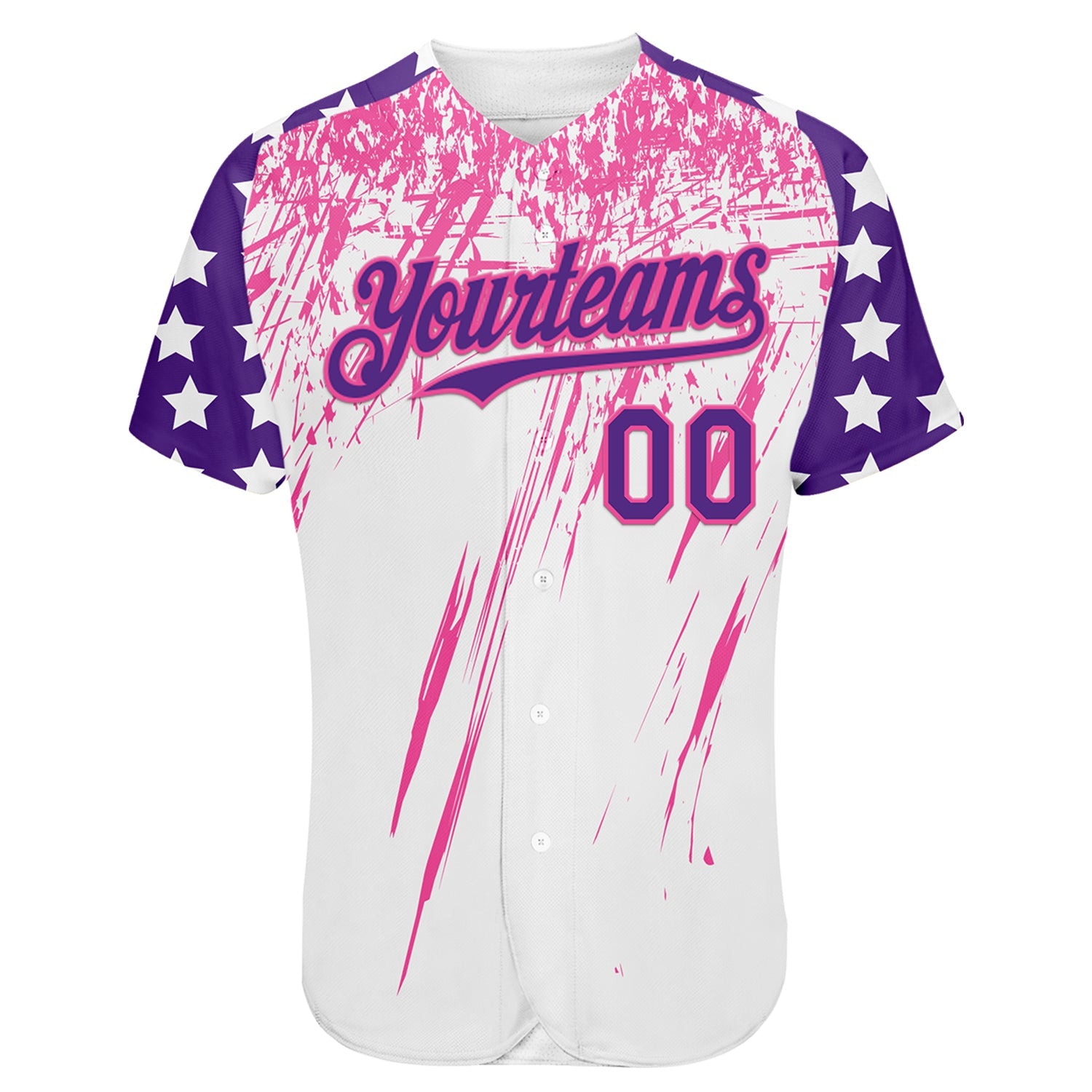 Custom White Purple-Pink Splatter Brush Stroke Star Raglan Sleeves Authentic Baseball Jersey
