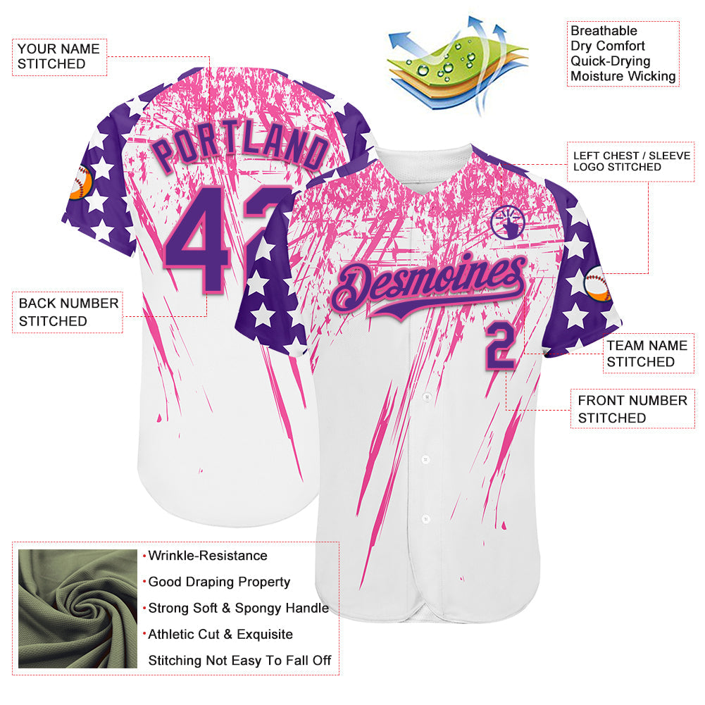 Custom White Purple-Pink Splatter Brush Stroke Star Raglan Sleeves Authentic Baseball Jersey