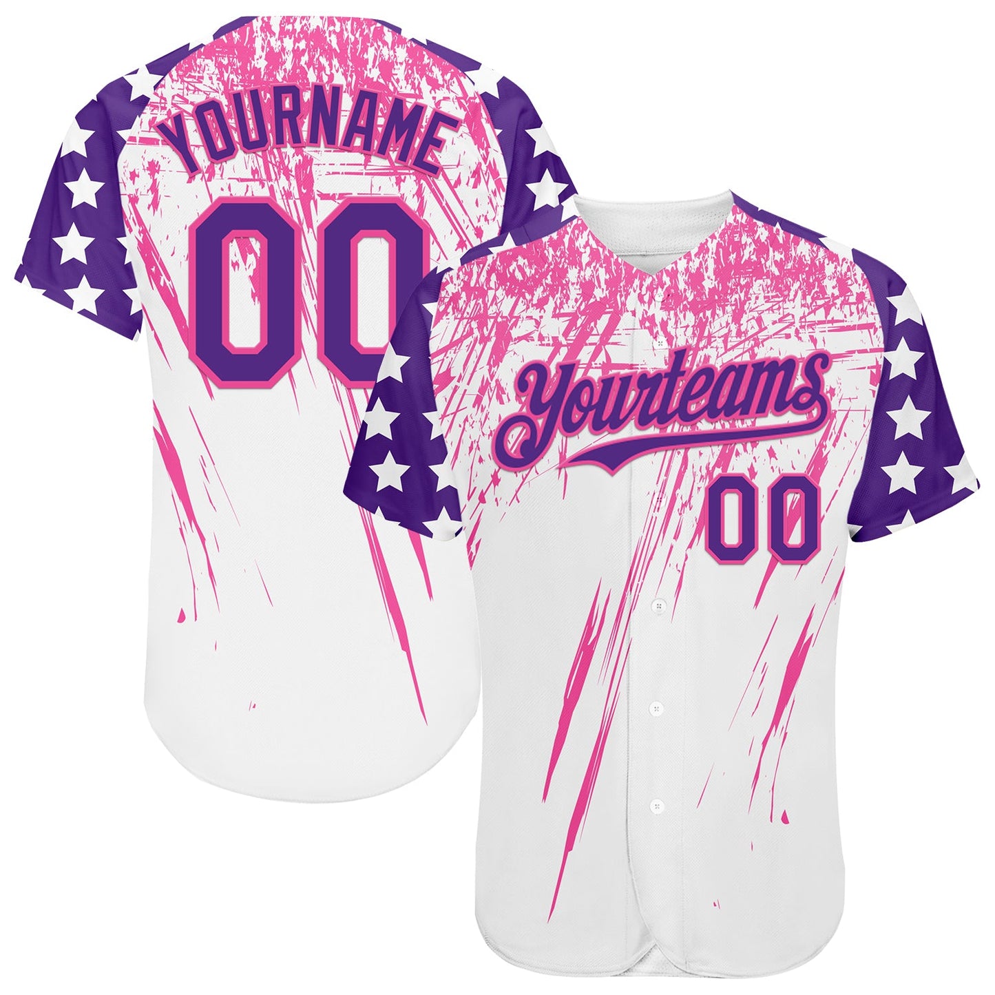 Custom White Purple-Pink Splatter Brush Stroke Star Raglan Sleeves Authentic Baseball Jersey