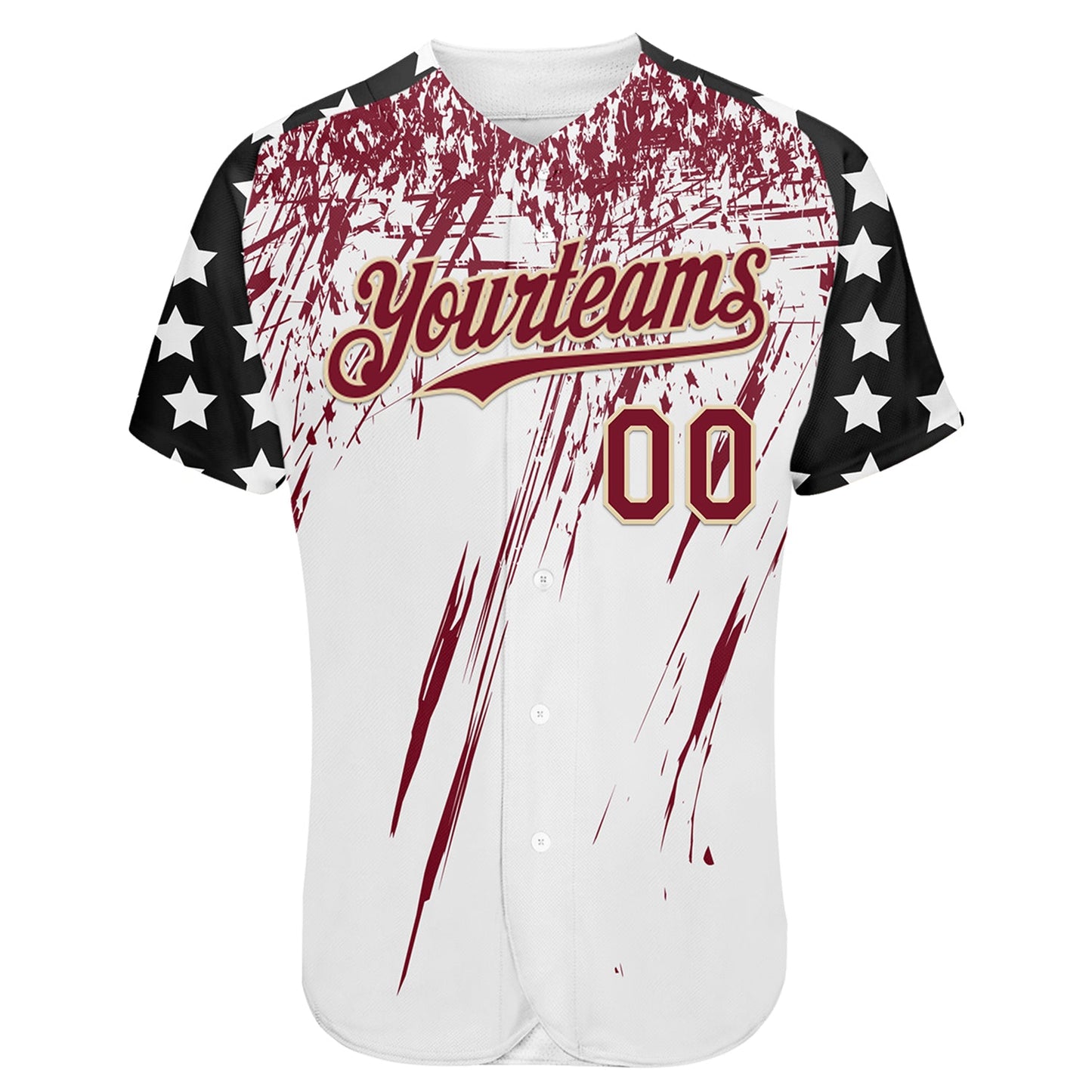 Custom White Crimson Cream-Black Splatter Brush Stroke Star Raglan Sleeves Authentic Baseball Jersey