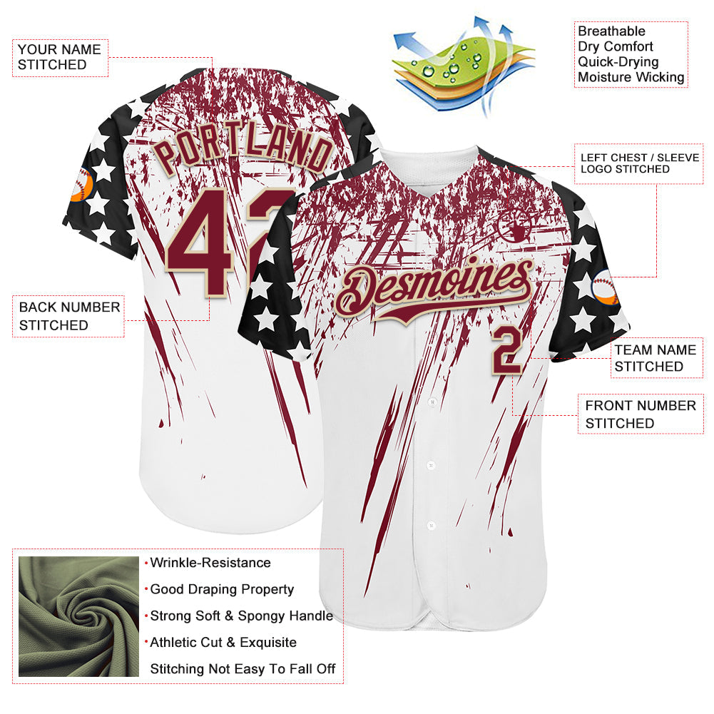 Custom White Crimson Cream-Black Splatter Brush Stroke Star Raglan Sleeves Authentic Baseball Jersey