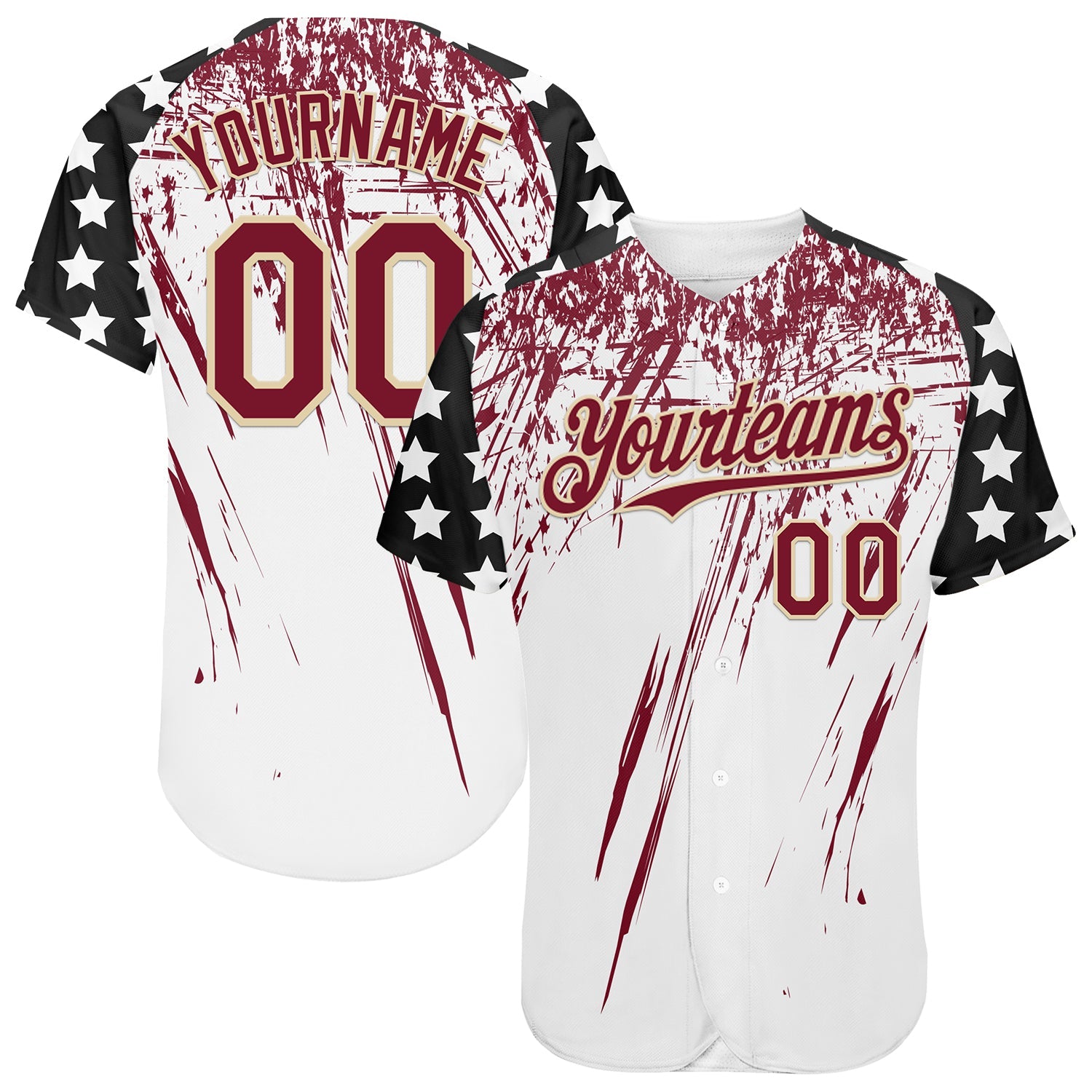 Custom White Crimson Cream-Black Splatter Brush Stroke Star Raglan Sleeves Authentic Baseball Jersey