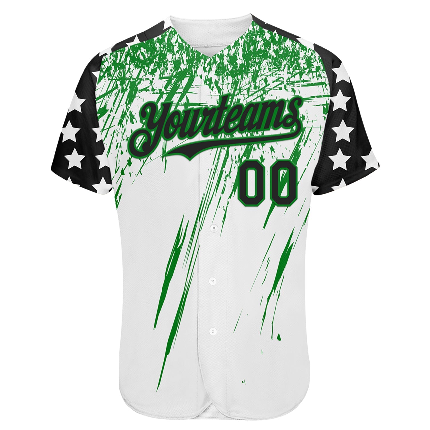 Custom White Black-Grass Green Splatter Brush Stroke Star Raglan Sleeves Authentic Baseball Jersey