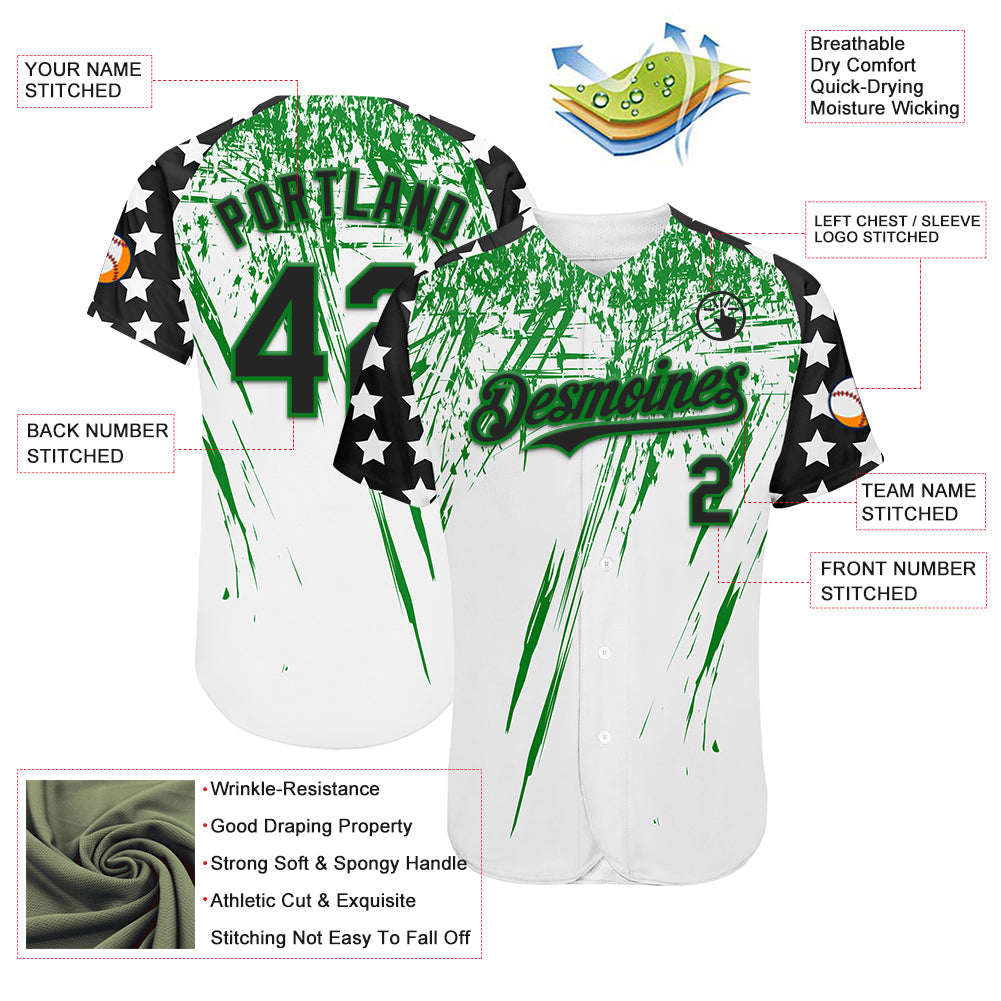 Custom White Black-Grass Green Splatter Brush Stroke Star Raglan Sleeves Authentic Baseball Jersey