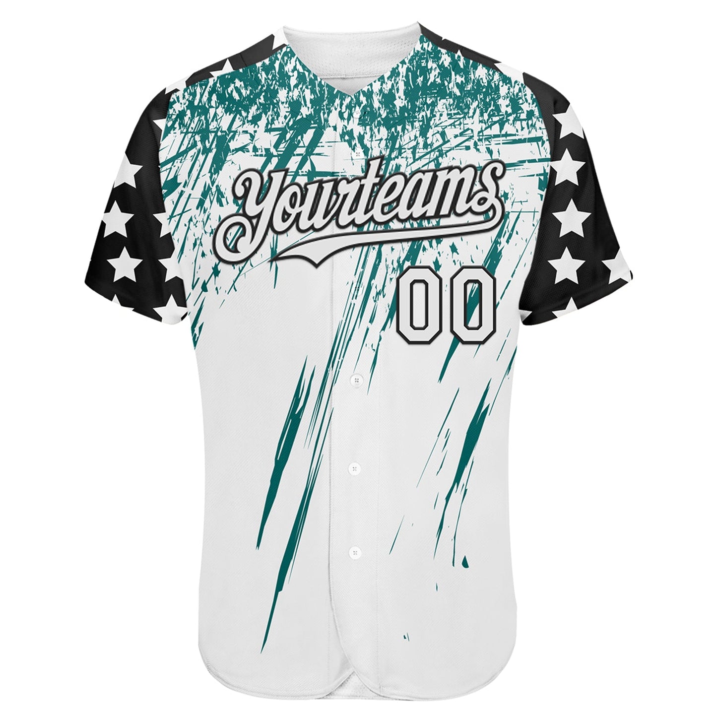 Custom White Black-Teal Splatter Brush Stroke Star Raglan Sleeves Authentic Baseball Jersey