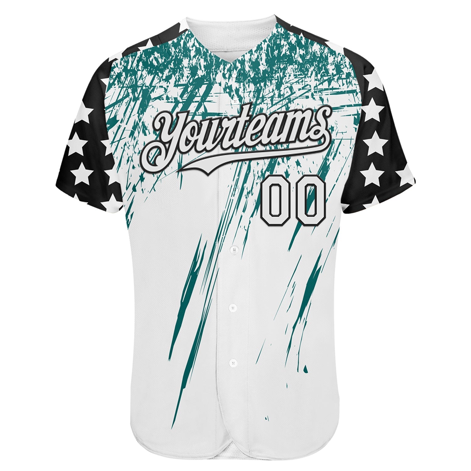 Custom White Black-Teal Splatter Brush Stroke Star Raglan Sleeves Authentic Baseball Jersey