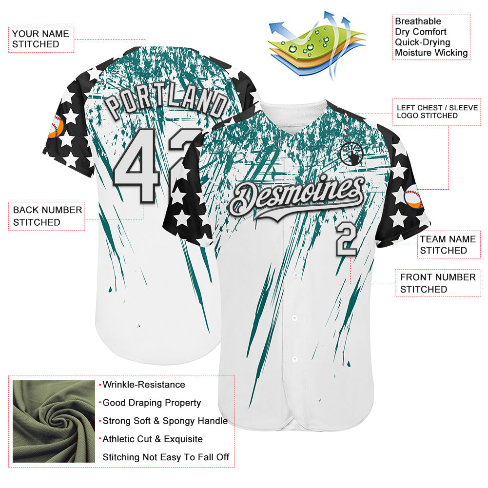 Custom White Black-Teal Splatter Brush Stroke Star Raglan Sleeves Authentic Baseball Jersey