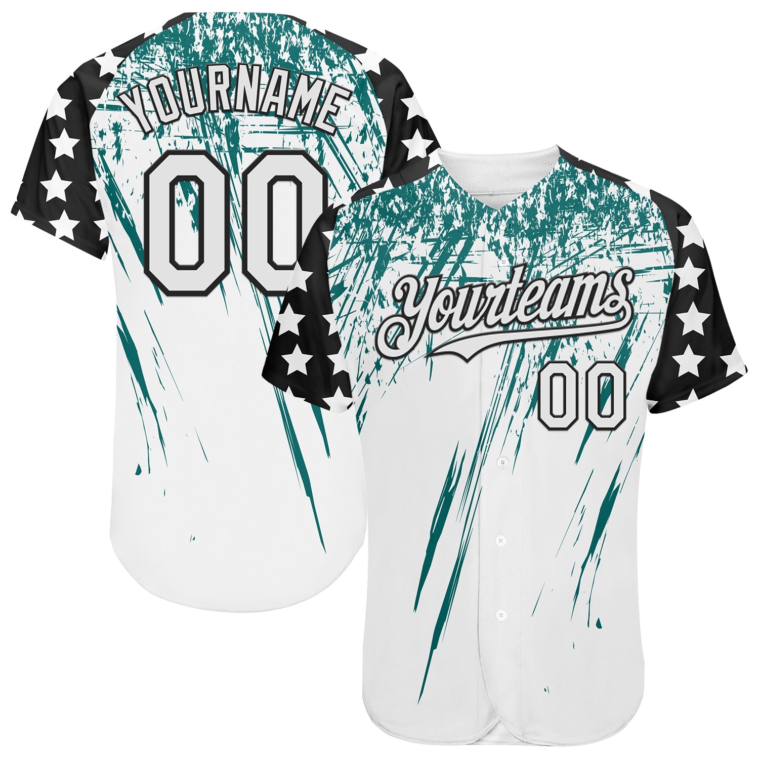 Custom White Black-Teal Splatter Brush Stroke Star Raglan Sleeves Authentic Baseball Jersey