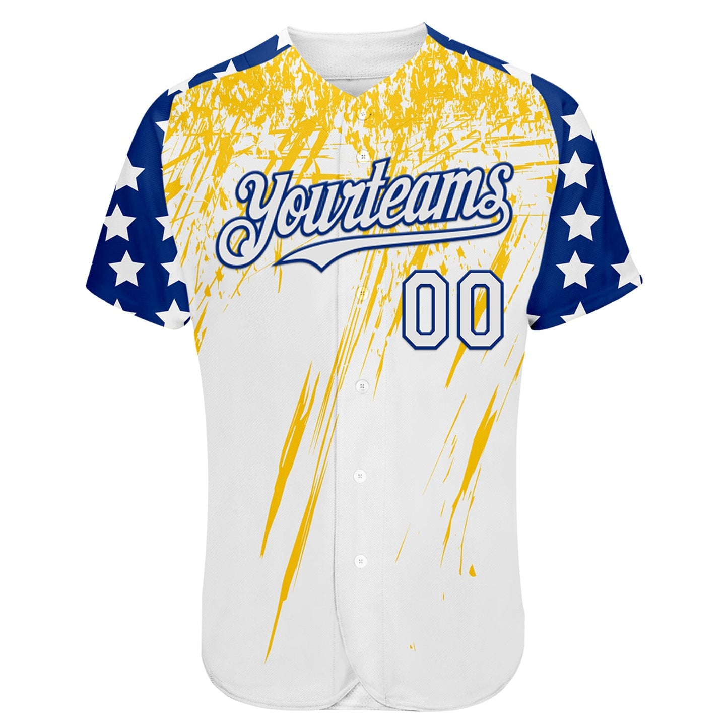 Custom White Royal-Yellow Splatter Brush Stroke Star Raglan Sleeves Authentic Baseball Jersey