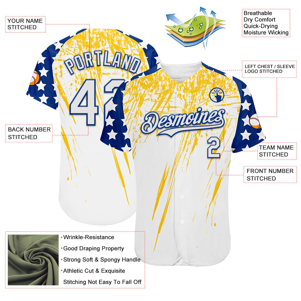 Custom White Royal-Yellow Splatter Brush Stroke Star Raglan Sleeves Authentic Baseball Jersey