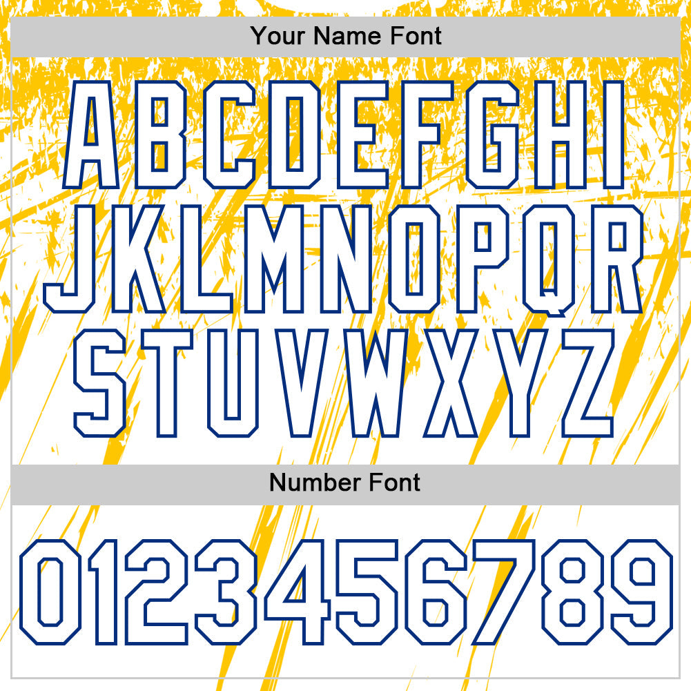 Custom White Royal-Yellow Splatter Brush Stroke Star Raglan Sleeves Authentic Baseball Jersey