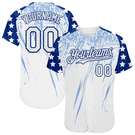 Custom White Royal-Light Blue Splatter Brush Stroke Star Raglan Sleeves Authentic Baseball Jersey