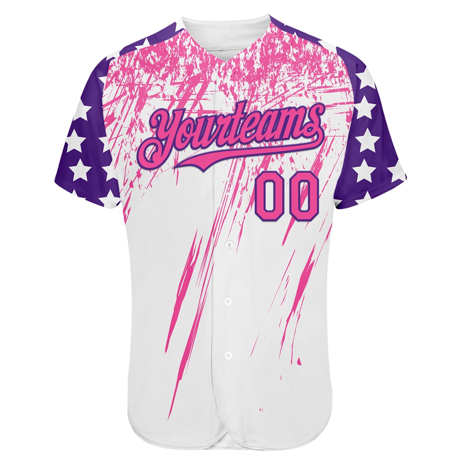Custom White Pink-Purple Splatter Brush Stroke Star Raglan Sleeves Authentic Baseball Jersey
