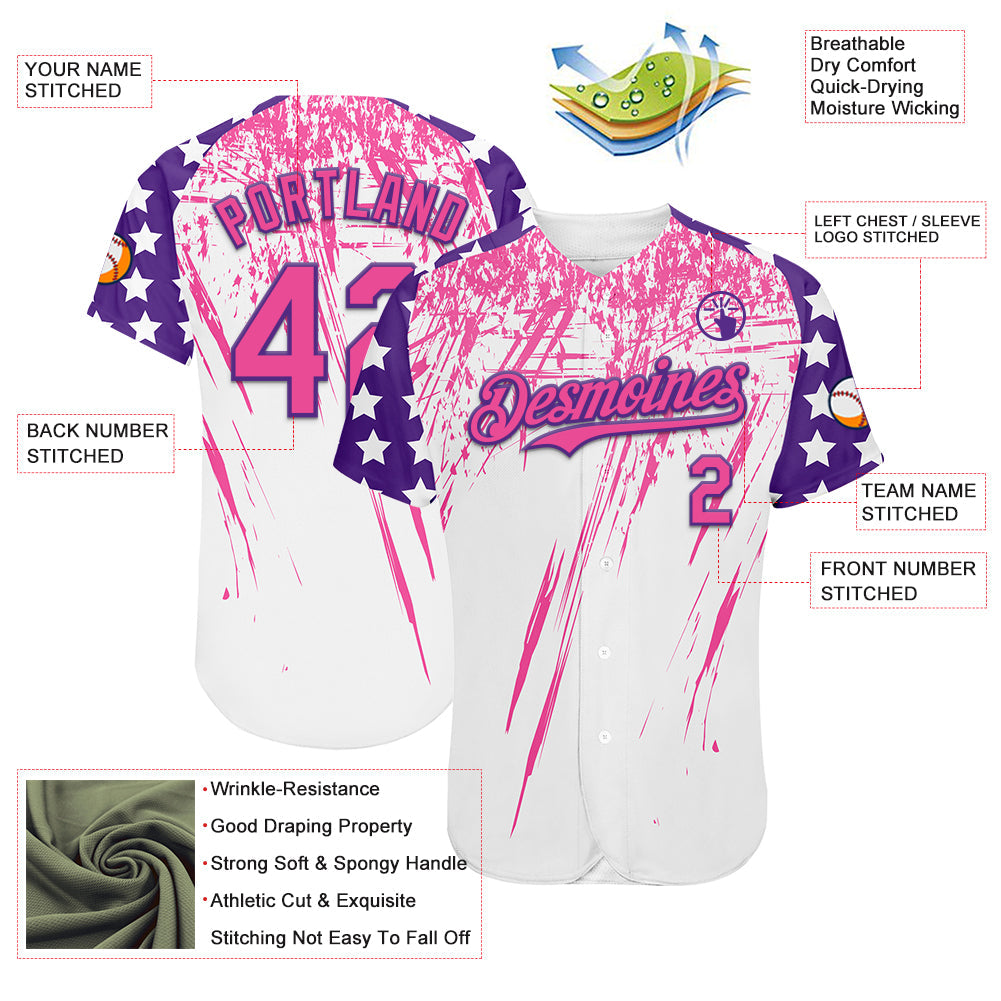 Custom White Pink-Purple Splatter Brush Stroke Star Raglan Sleeves Authentic Baseball Jersey