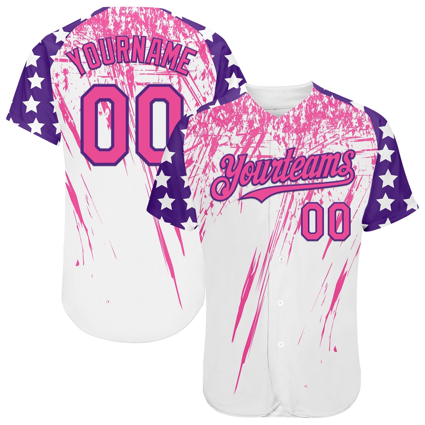 Custom White Pink-Purple Splatter Brush Stroke Star Raglan Sleeves Authentic Baseball Jersey