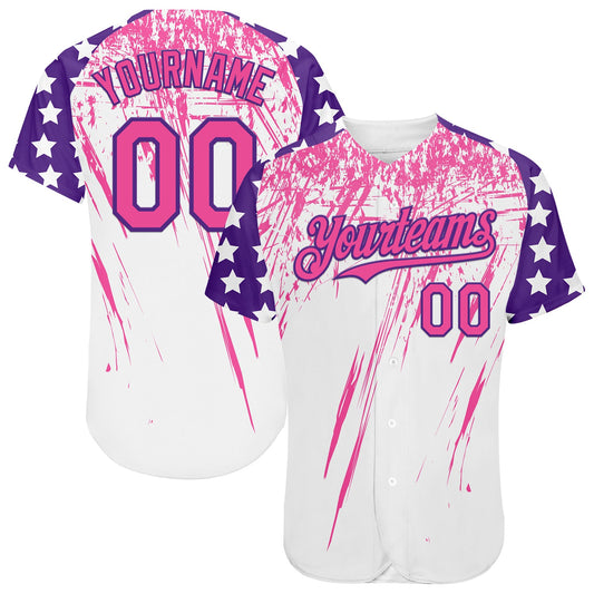 Custom White Pink-Purple Splatter Brush Stroke Star Raglan Sleeves Authentic Baseball Jersey