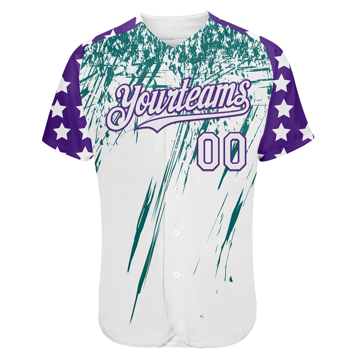 Custom White Purple-Teal Splatter Brush Stroke Star Raglan Sleeves Authentic Baseball Jersey