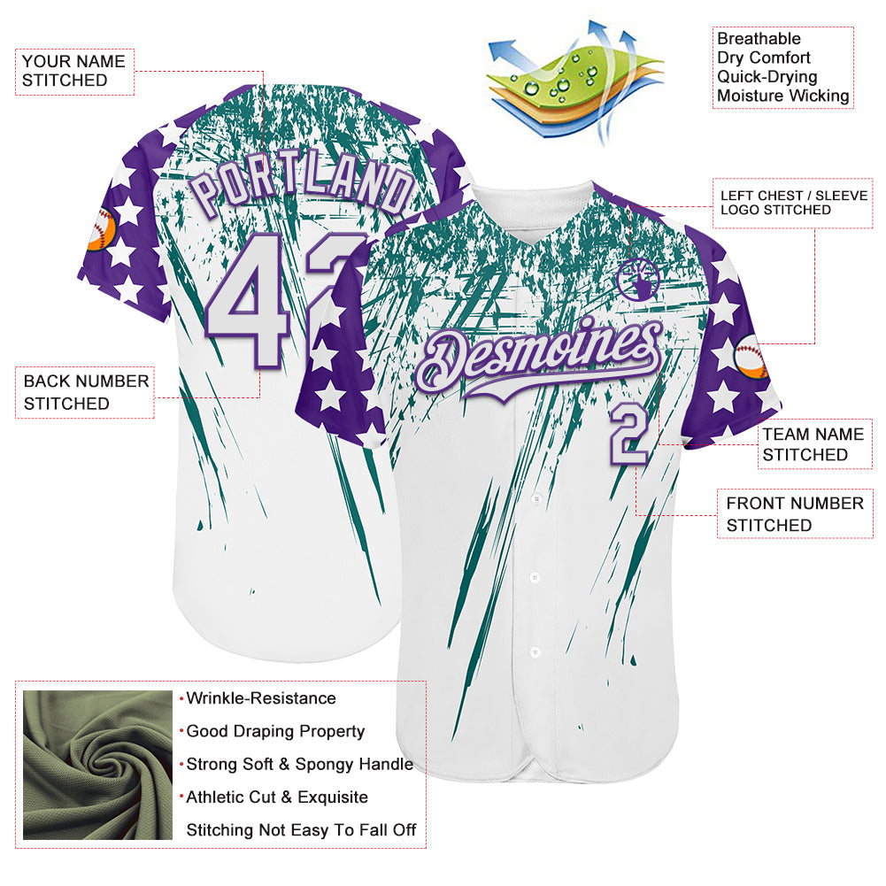 Custom White Purple-Teal Splatter Brush Stroke Star Raglan Sleeves Authentic Baseball Jersey