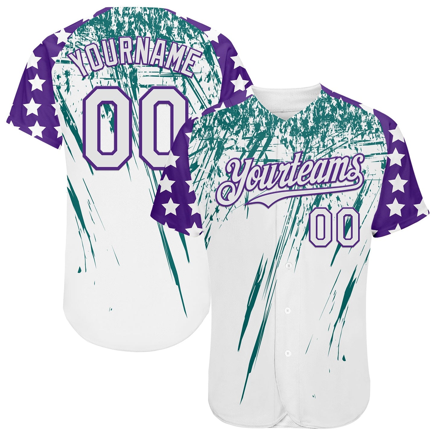 Custom White Purple-Teal Splatter Brush Stroke Star Raglan Sleeves Authentic Baseball Jersey