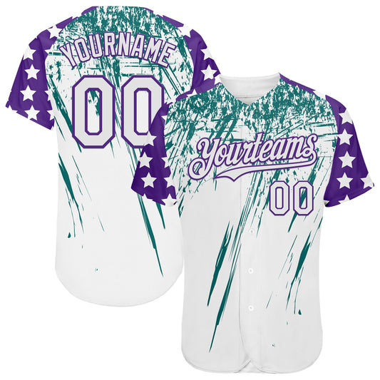 Custom White Purple-Teal Splatter Brush Stroke Star Raglan Sleeves Authentic Baseball Jersey