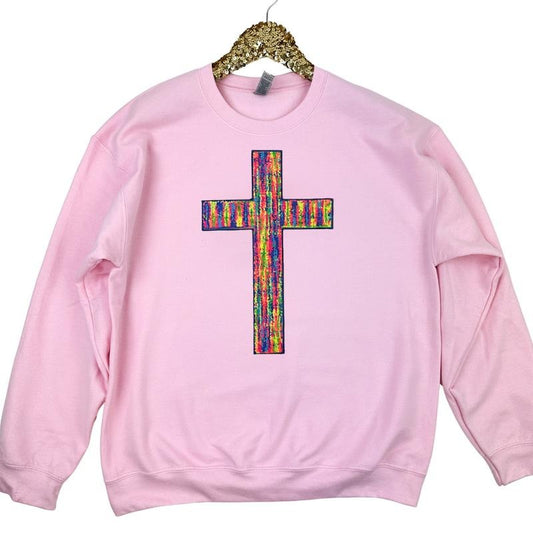 Rainbow Chenille Cross Patch Sweatshirt -- LIGHT PINK T-Shirts, Hoodie | WearSparks.com