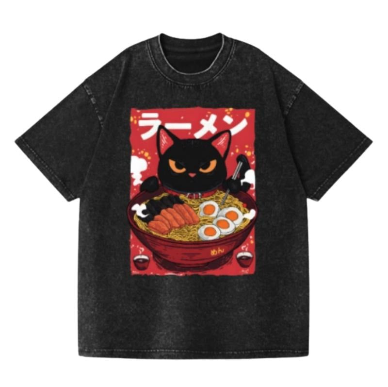 Ramen Black Cat Vintage Wash Japanese Design T-Shirt Hoodie, Sweatshirt | WearSparks.com