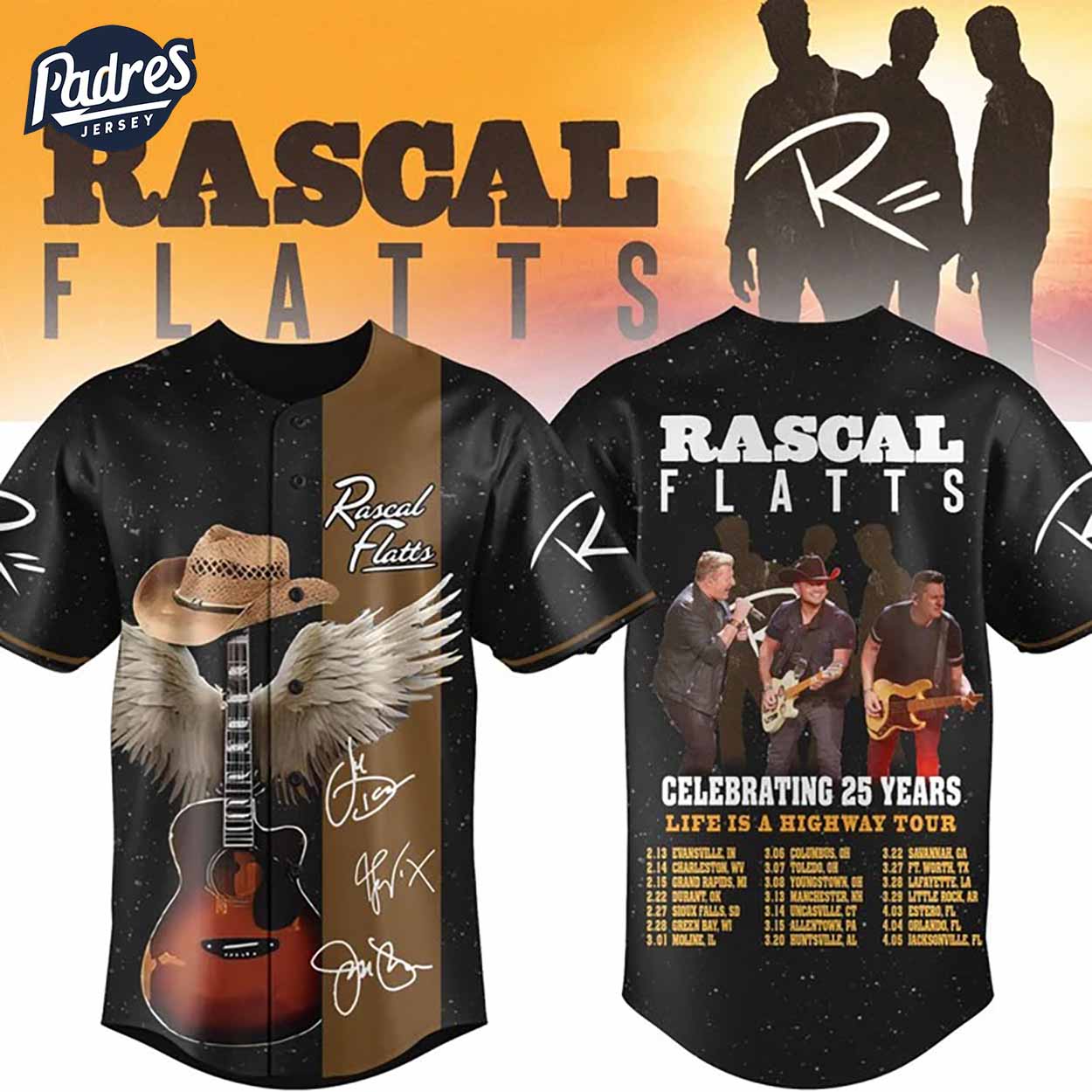 Rascal Flatts Celebrate 25 Years Life Is A Highway Tour Baseball Jersey - Padres Jersey Oasis: Elevate Your... (Image 1)